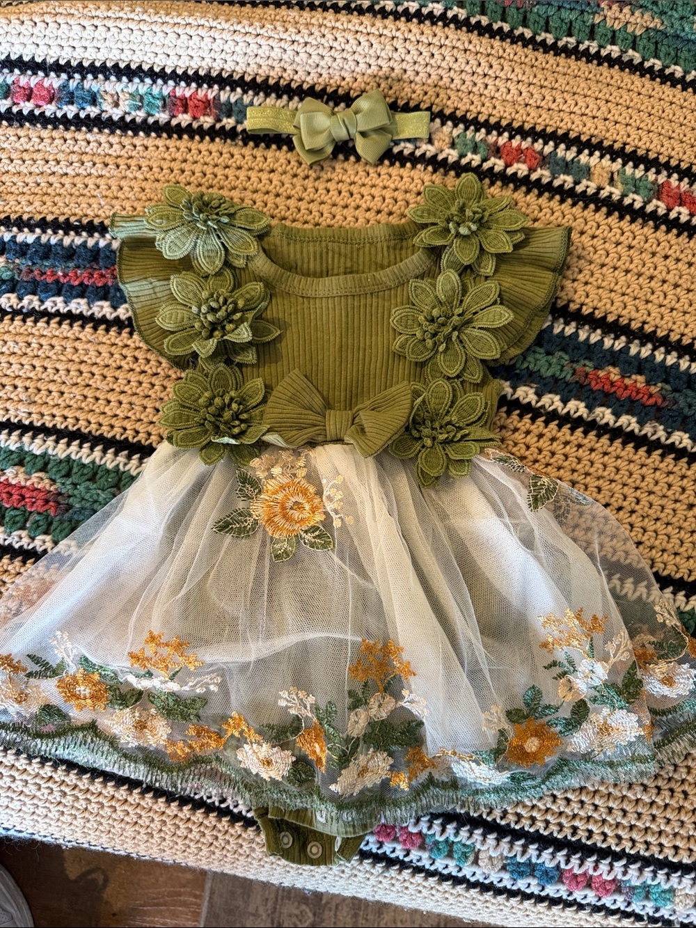 Olive Green Floral Tulle Baby Dress with Matching Headband